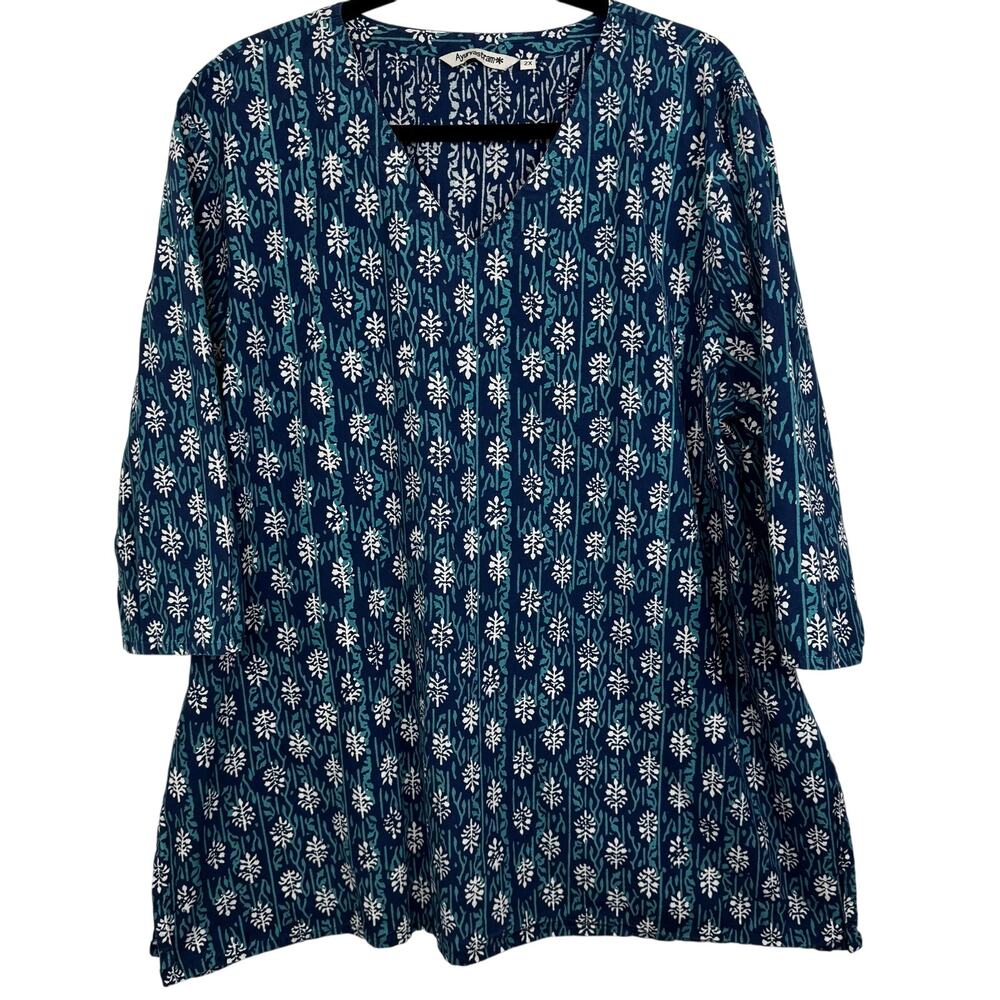 Ayurvastram Kriti Print Indigo Teal 100% Cotton Tunic Top Size 2X 3/4 Sleeve